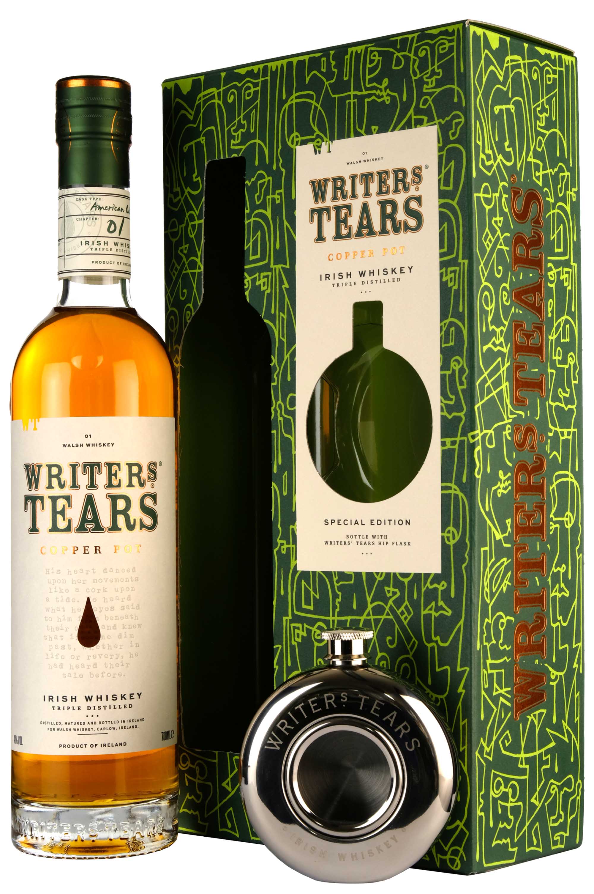 Writers' Tears Copper Pot Irish Whiskey | Gift Pack With Branded Hip Flask