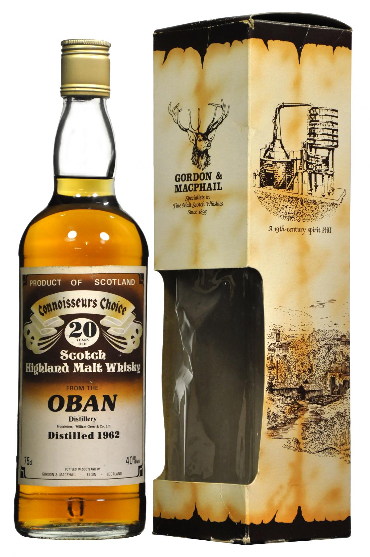 oban distilled 1962, matured for 20 year old, connoisseurs choice range from gordon and macpahil, highland single malt scotch whisky whiskey