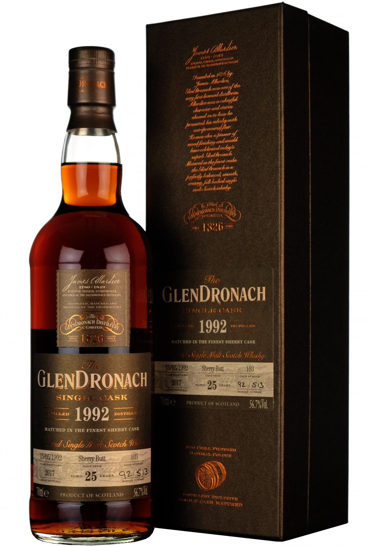 glendronach 1992, 25 year old, batch 16, bottled 2017, single cask number 103,
