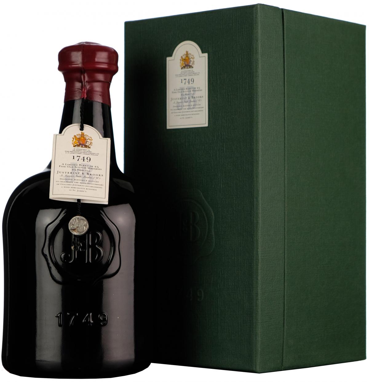 j&b 25 year old, replica 1749, blended scotch whisky,