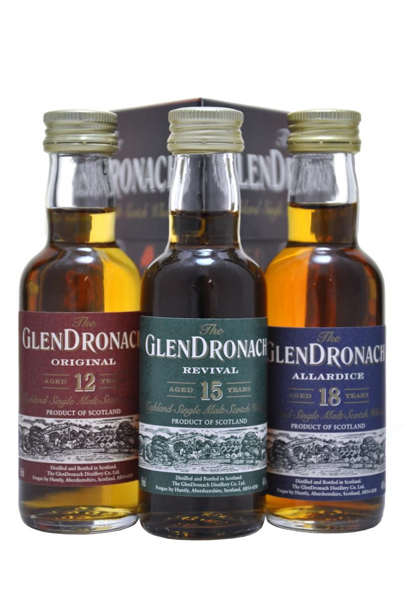 glendronach 12 year old, 15 year old, 18 year old, trio miniatures speyside single malt scotch whisky whiskey