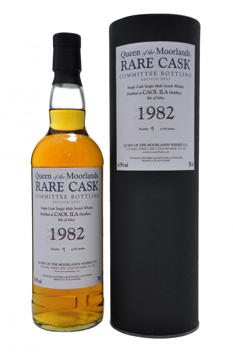 caol ila distilled 1982 bottled by queen of the moorlands rare cask edition, islay single malt scotch whisky whiskey