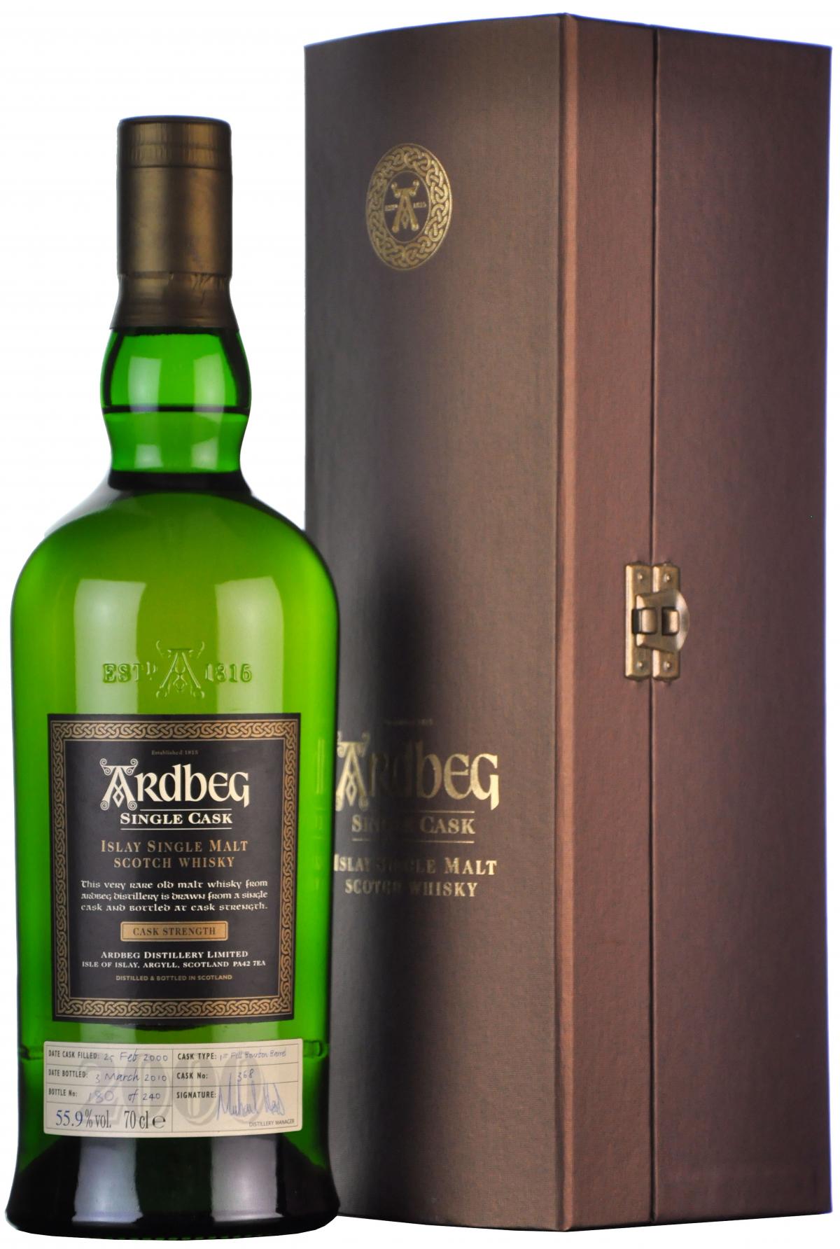 ardbeg 2000 10 year old, cask 368, bottled 3rd march 2010, first fill bourbon barrel islay single malt scotch whisky, whiskey