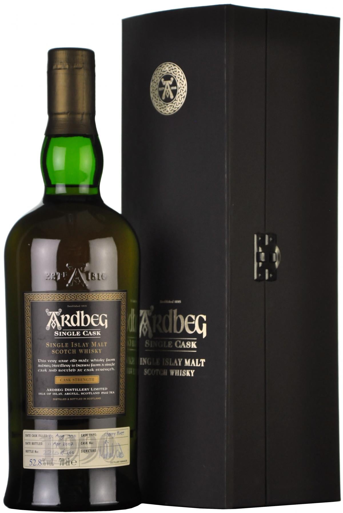 ardbeg, distilled, 20, august, 1990, 16, year, old, cask, number, 86, bottled, 11th, april, 2007, islay, single, malt, scotch, whisky, whiskey