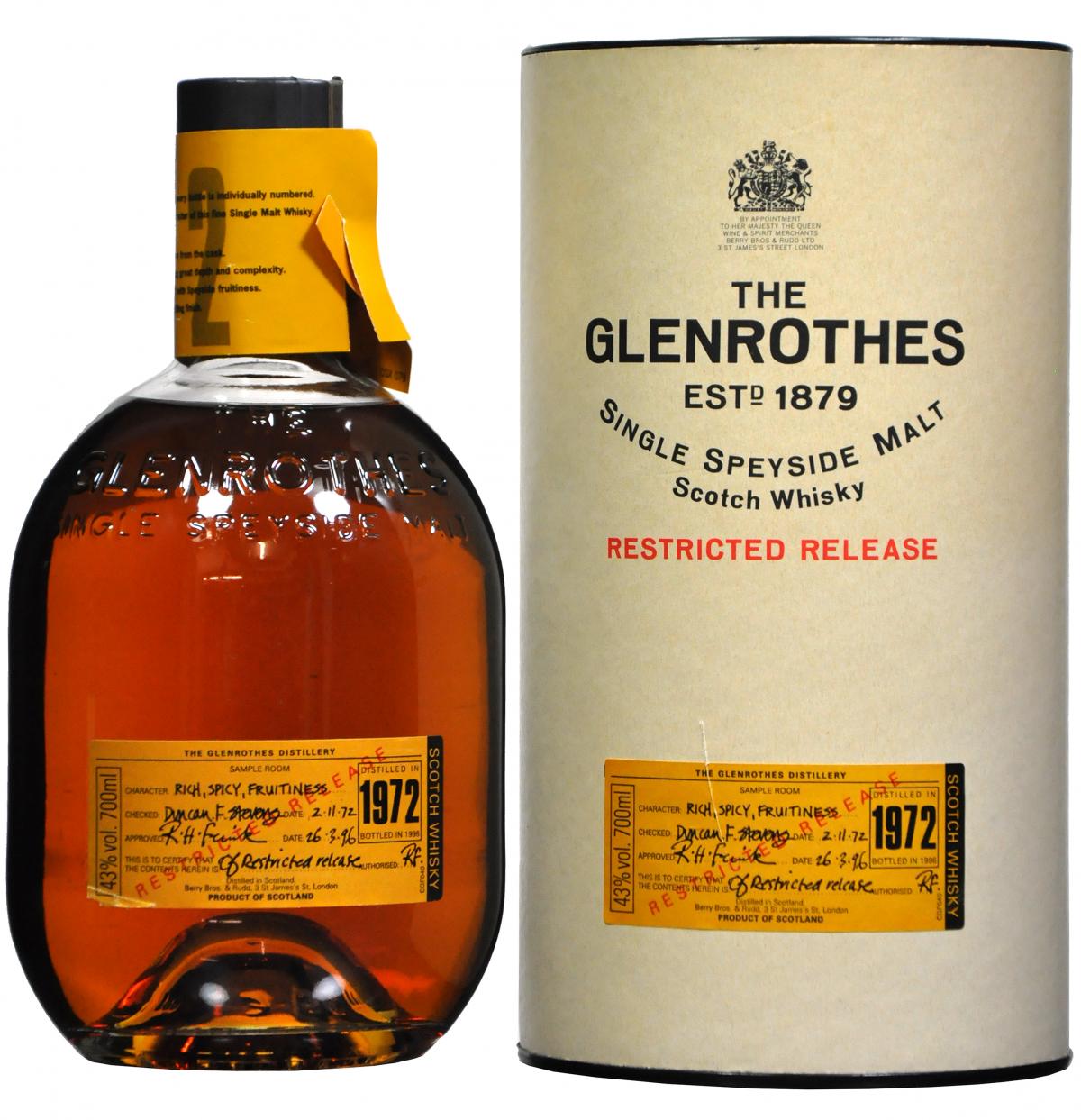 glenrothes distilled 1972, restricted release, speyside single malt scotch whisky whiskey