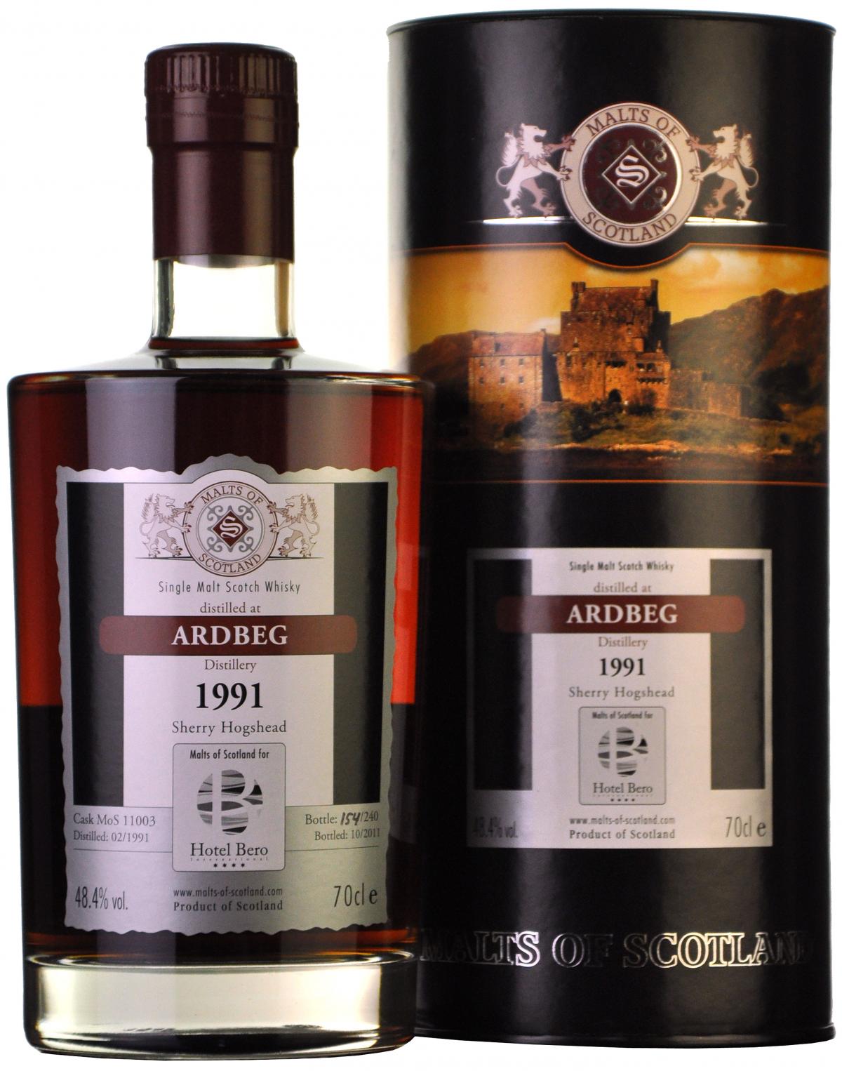ardbeg distilled 1991, bottled 2011, cask number 11003, limited edition, malts of scotland bottling 70cl / 48.4%, islay single malt scotch whisky whiskey
