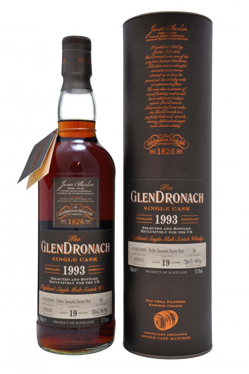 glendronach distilled 1993, bottled 2012 exclusively for the uk, 19 year old single cask from pedro ximenez sherry butt, speyside single malt scotch whisky whiskey