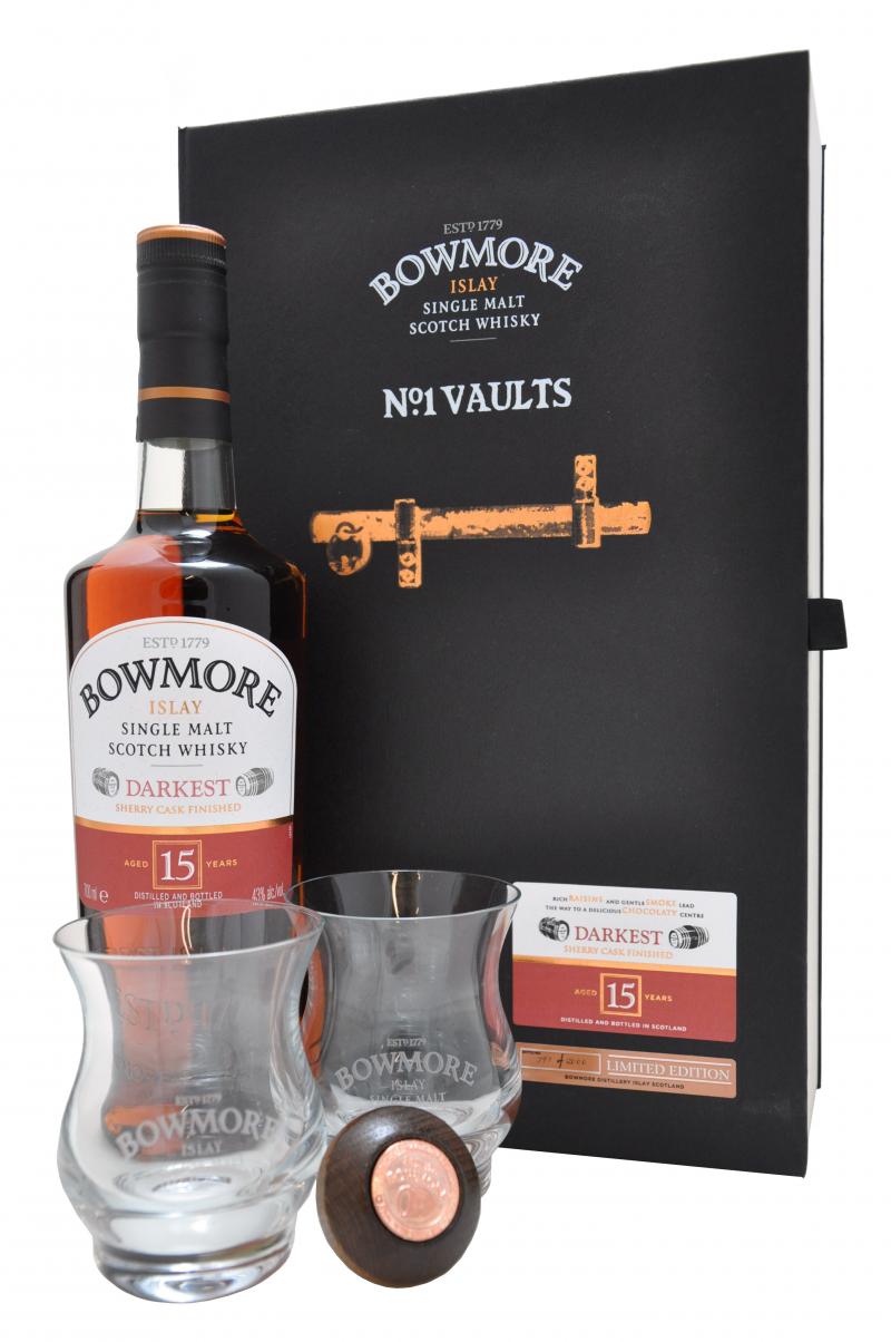 bowmore glass pack 15 year old darkest, islay single malt scotch whisky whiskey