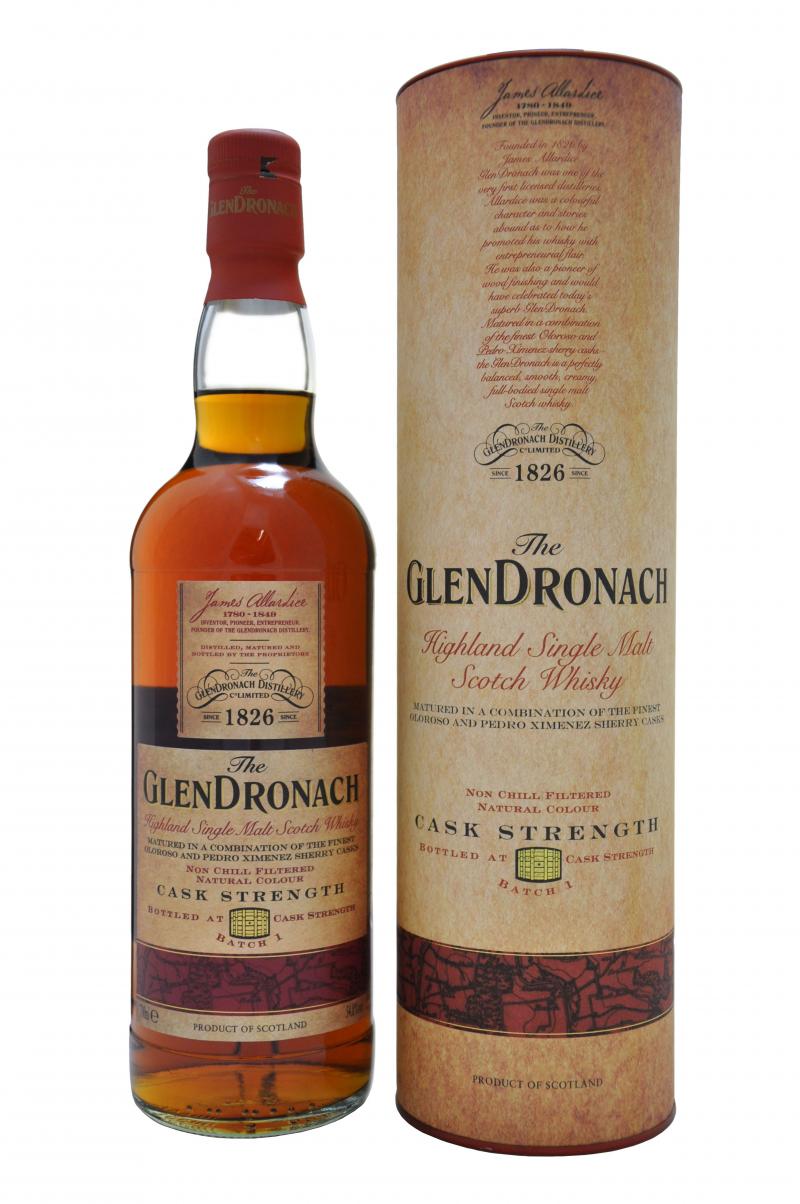 glendronach batch 1, bottled at cask strength speyside single malt scotch whisky whiskey