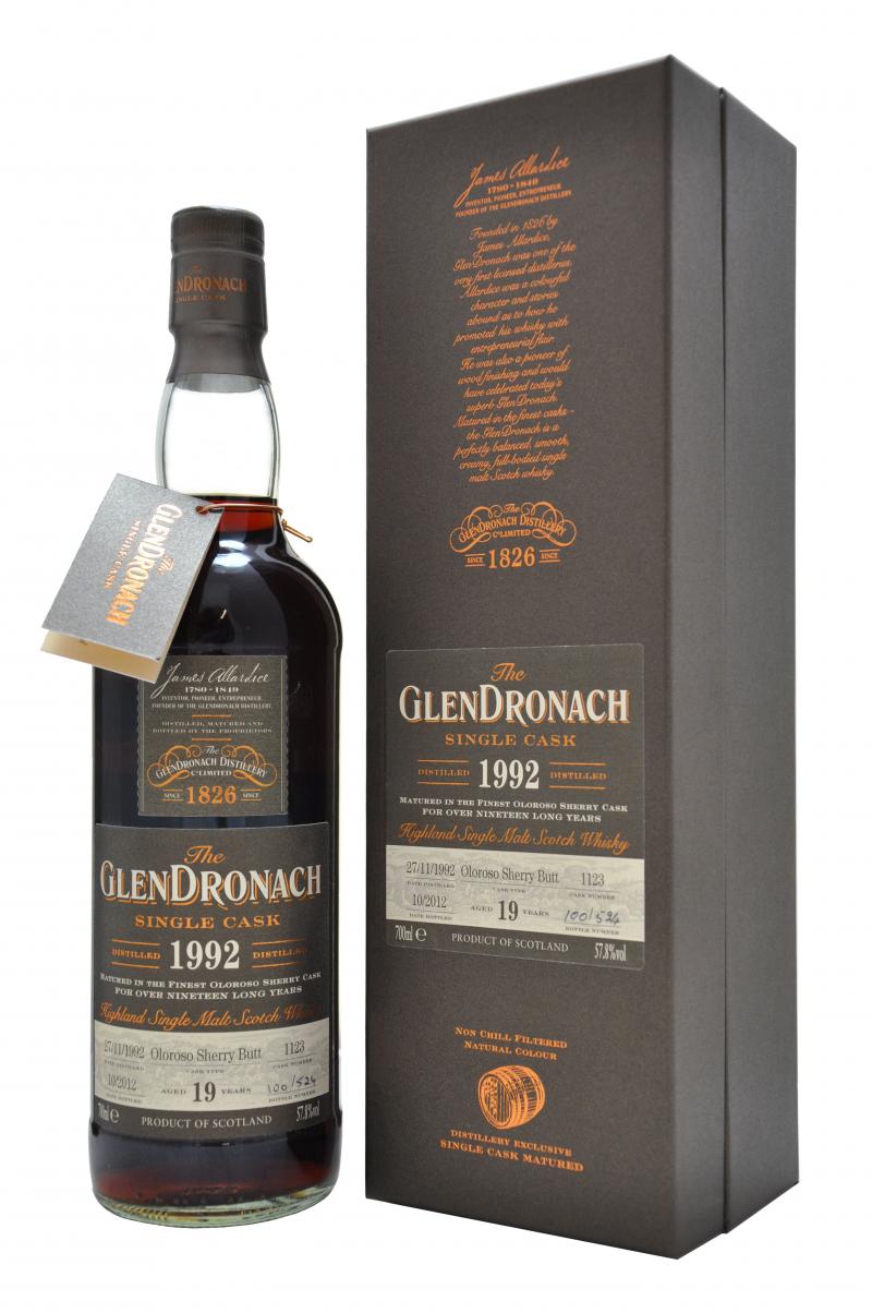 glendronach distilled 1992 bottled 2012, 19 year old cask number 1123 batch number 7 speyside single malt scotch whisky whiskey