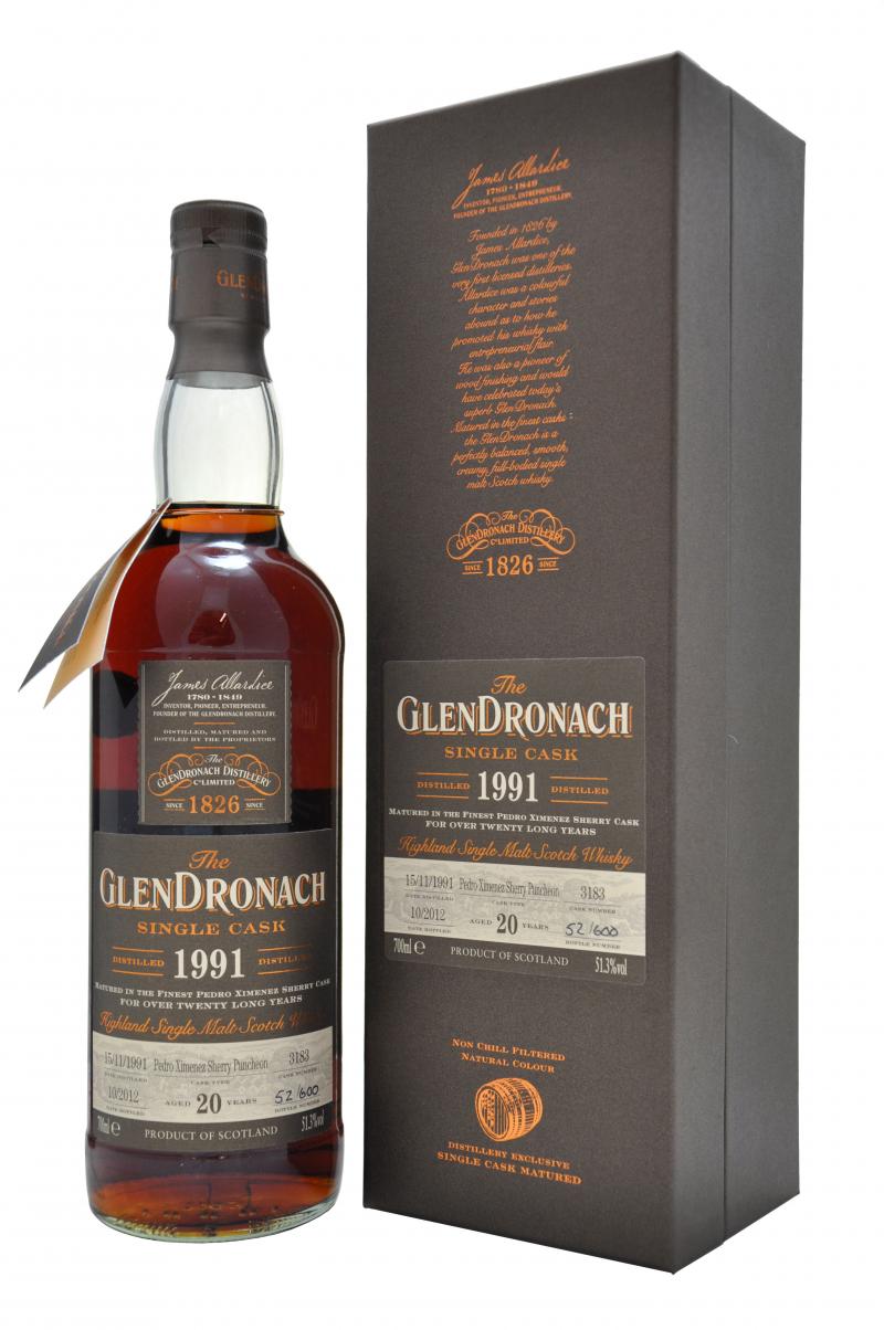 glendronach distilled 1991 bottled 2012, 20 year old cask number 3183 batch number 7 speyside single malt scotch whisky whiskey