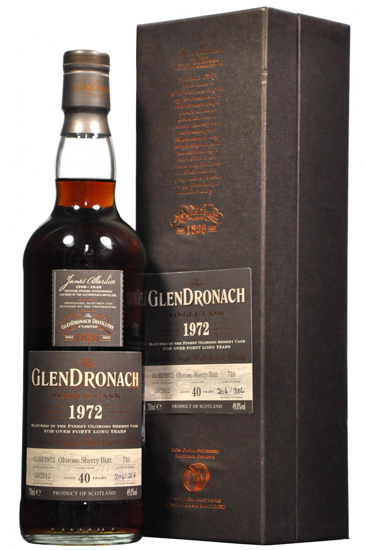 glendronach distilled 1972 bottled 2012, 40 year old cask number 710 batch number 7 speyside single malt scotch whisky whiskey