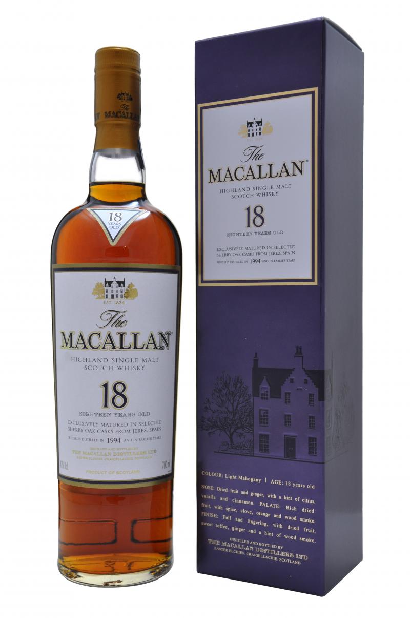 macallan distilled 1994, 18 year old, sherry cask, speyside single malt scotch whisky whiskey
