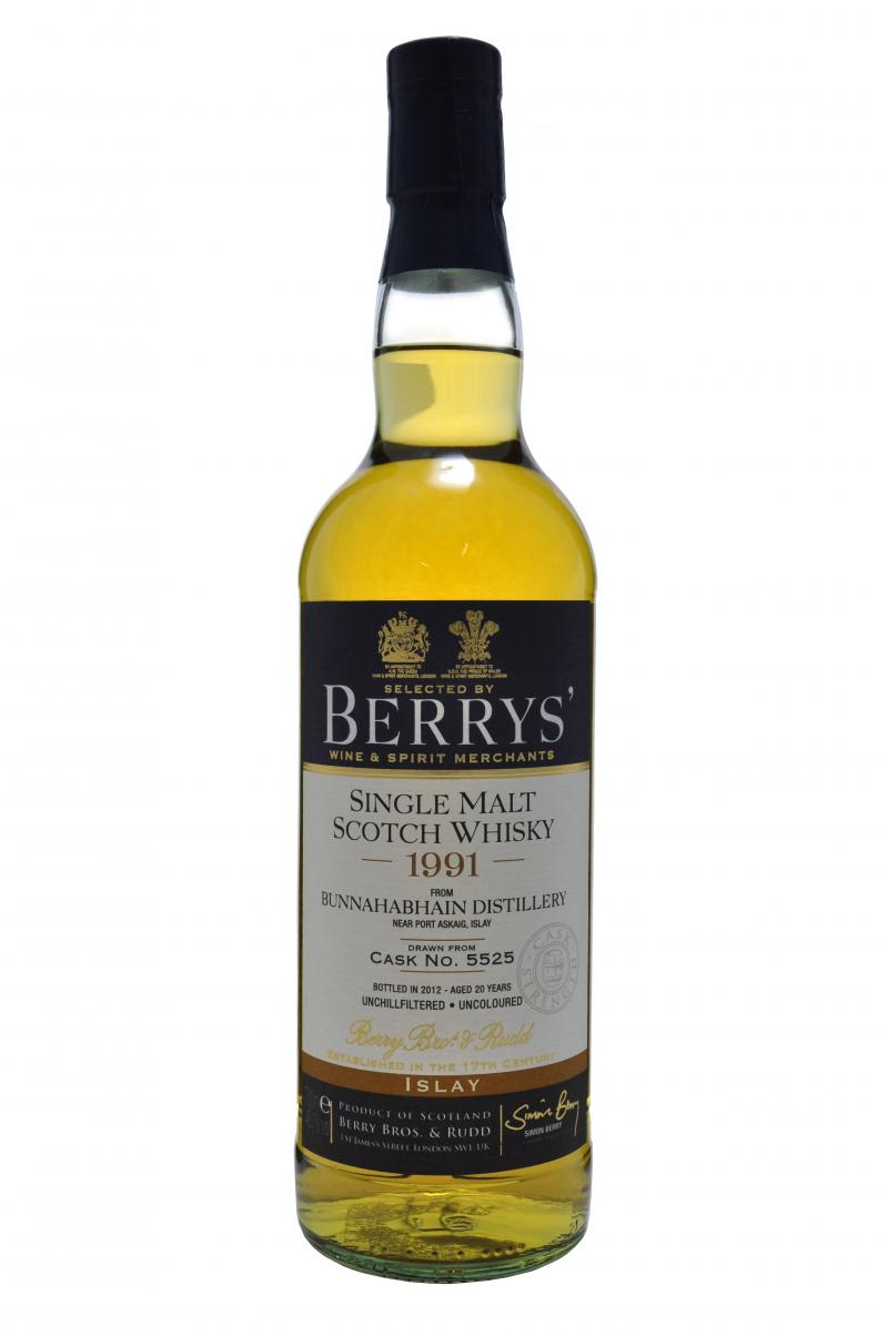 bunnahabhain distilled 1991, 20 year old, bottled 2012 by berry bros and rudd, islay single malt scotch whisky whiskey