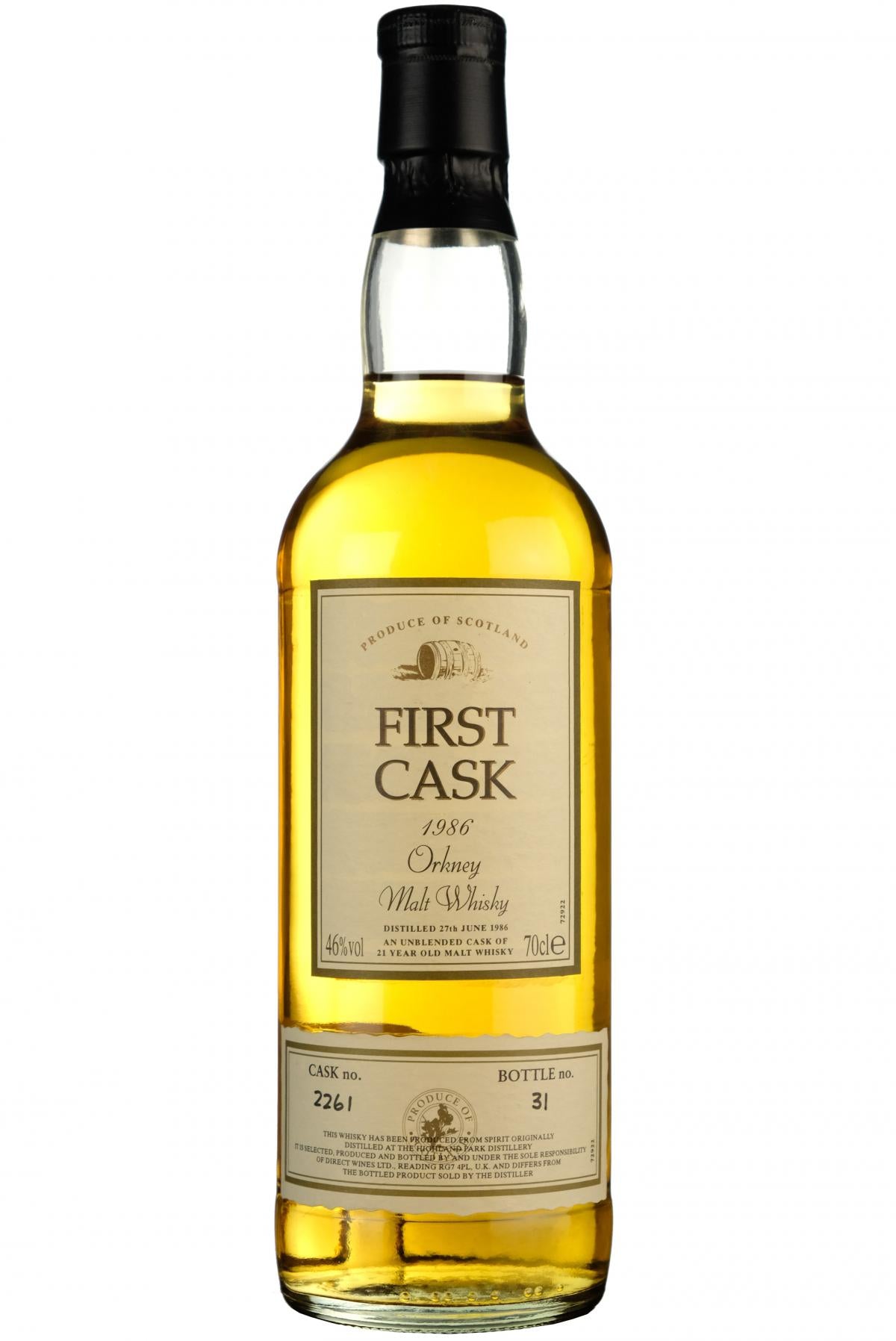 highland park 1986, 21 year old, first cask 2261, single malt scotch whisky