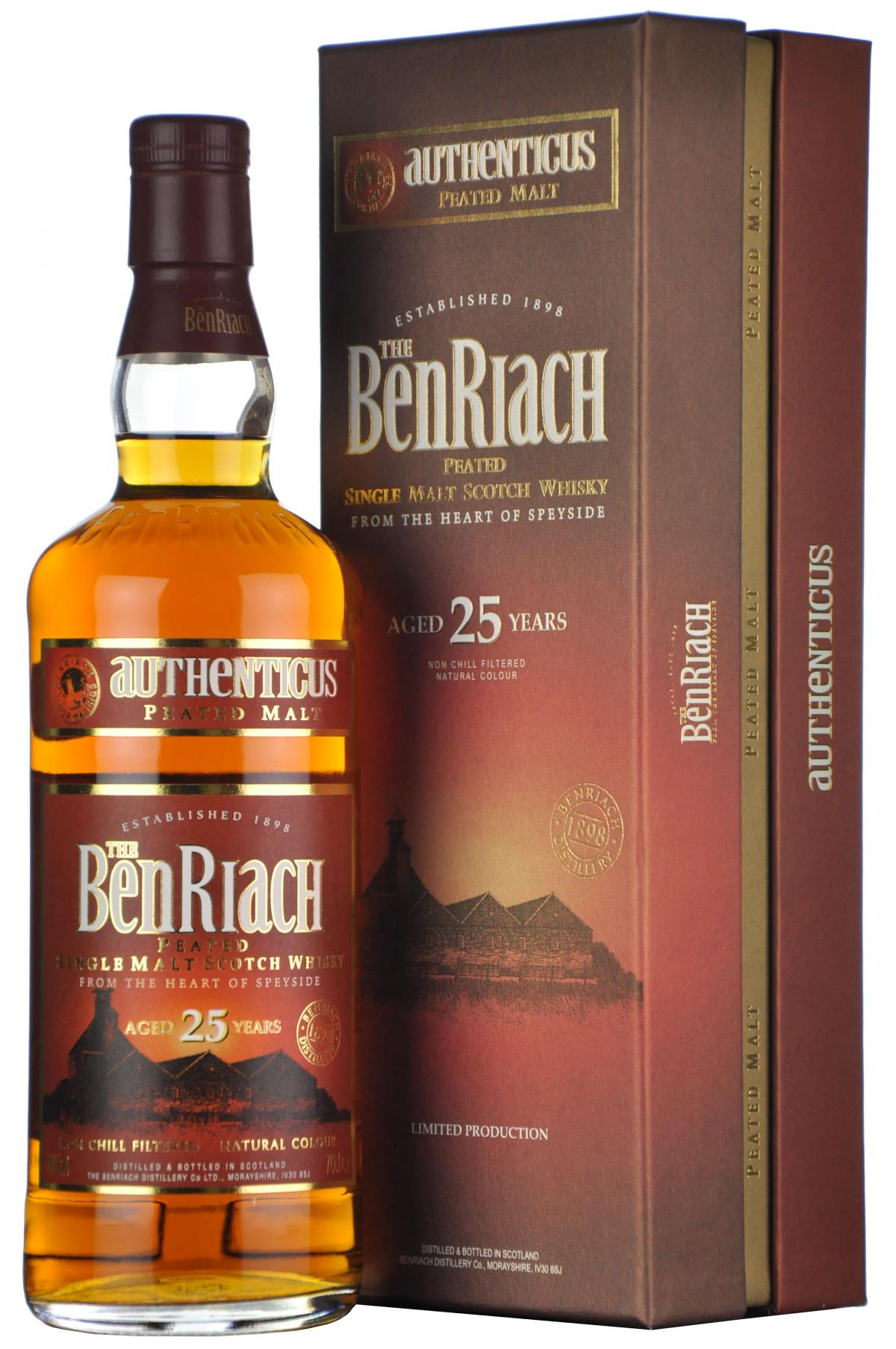 benriach 25 year old, authenticus peated, speyside single malt scotch whisky
