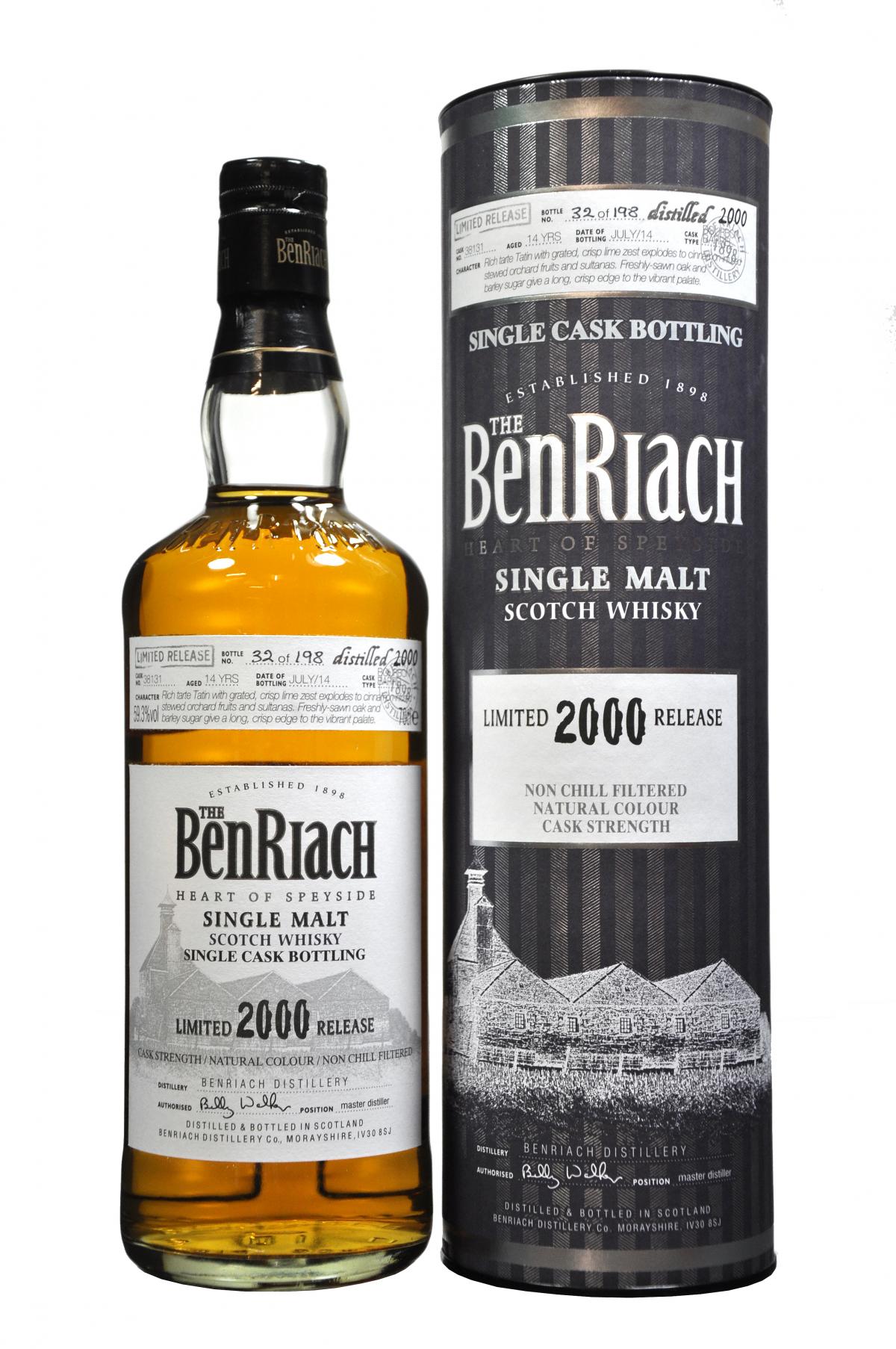 benriach 2000-2014, 14 year old, cask number 38131, batch 11 speyside single malt scotch whisky