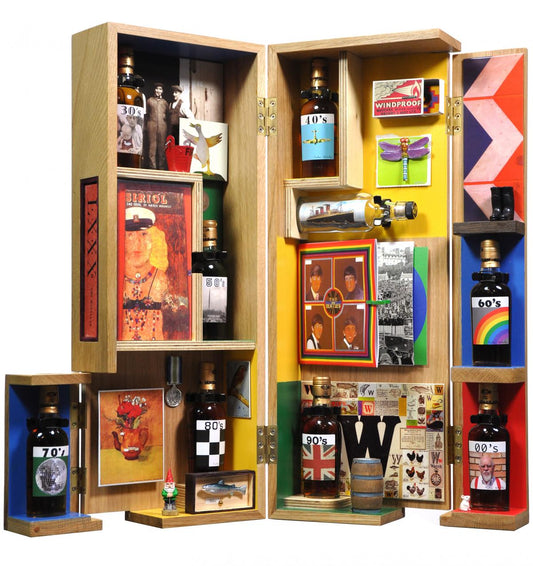 macallan 8 decades peter blakes 80th birthday miniature set, speyside single malt scotch whisky