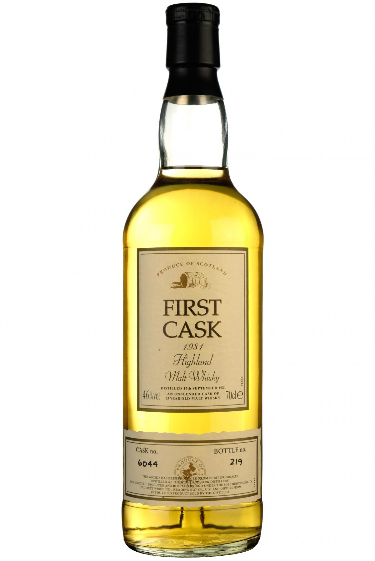 highland park 1981, 23 year old, first cask 6044, single malt scotch whisky
