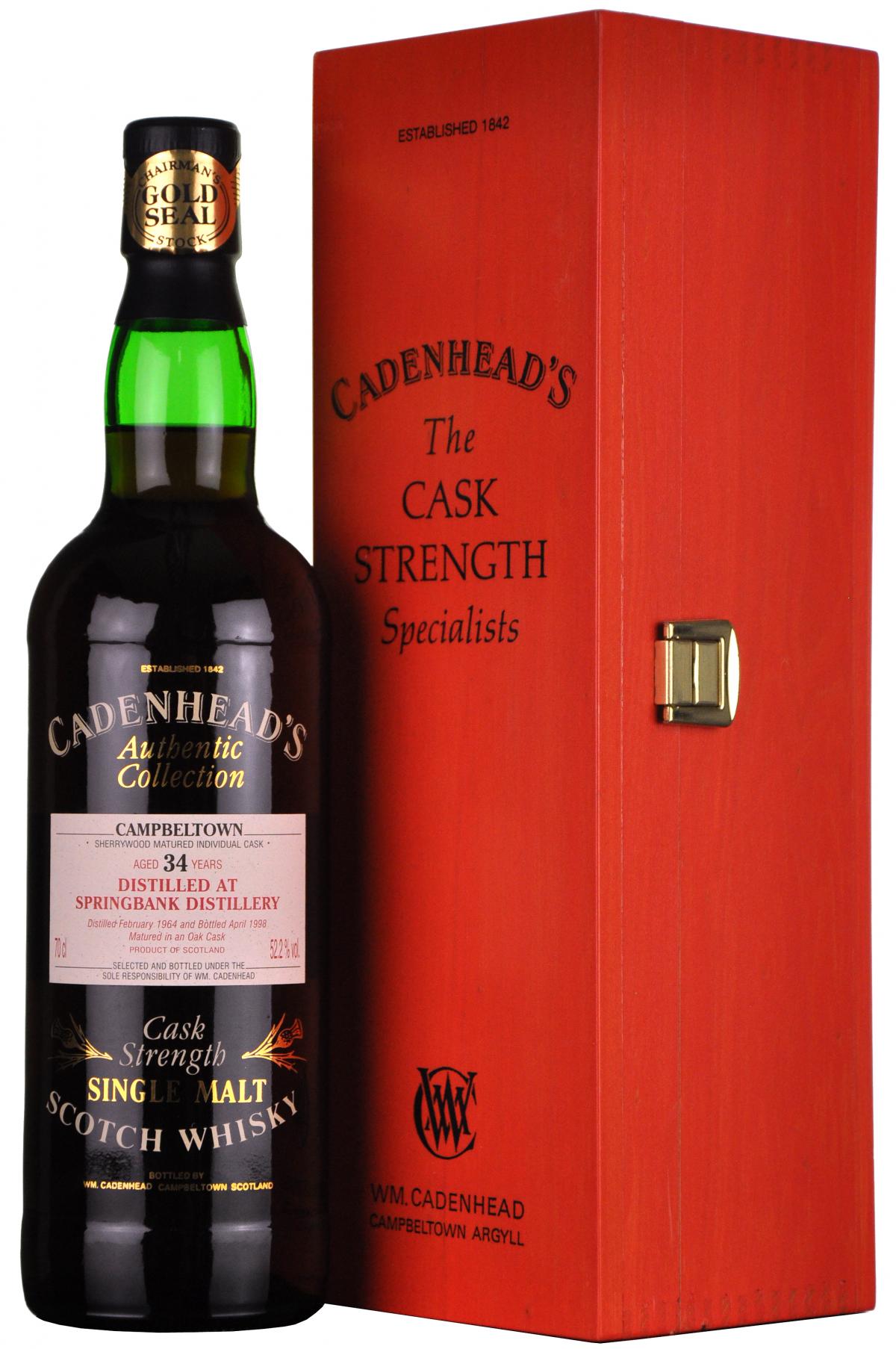 springbank 1964, 34 year old, cadenheads authentic collection, chairmans gold seal stock,