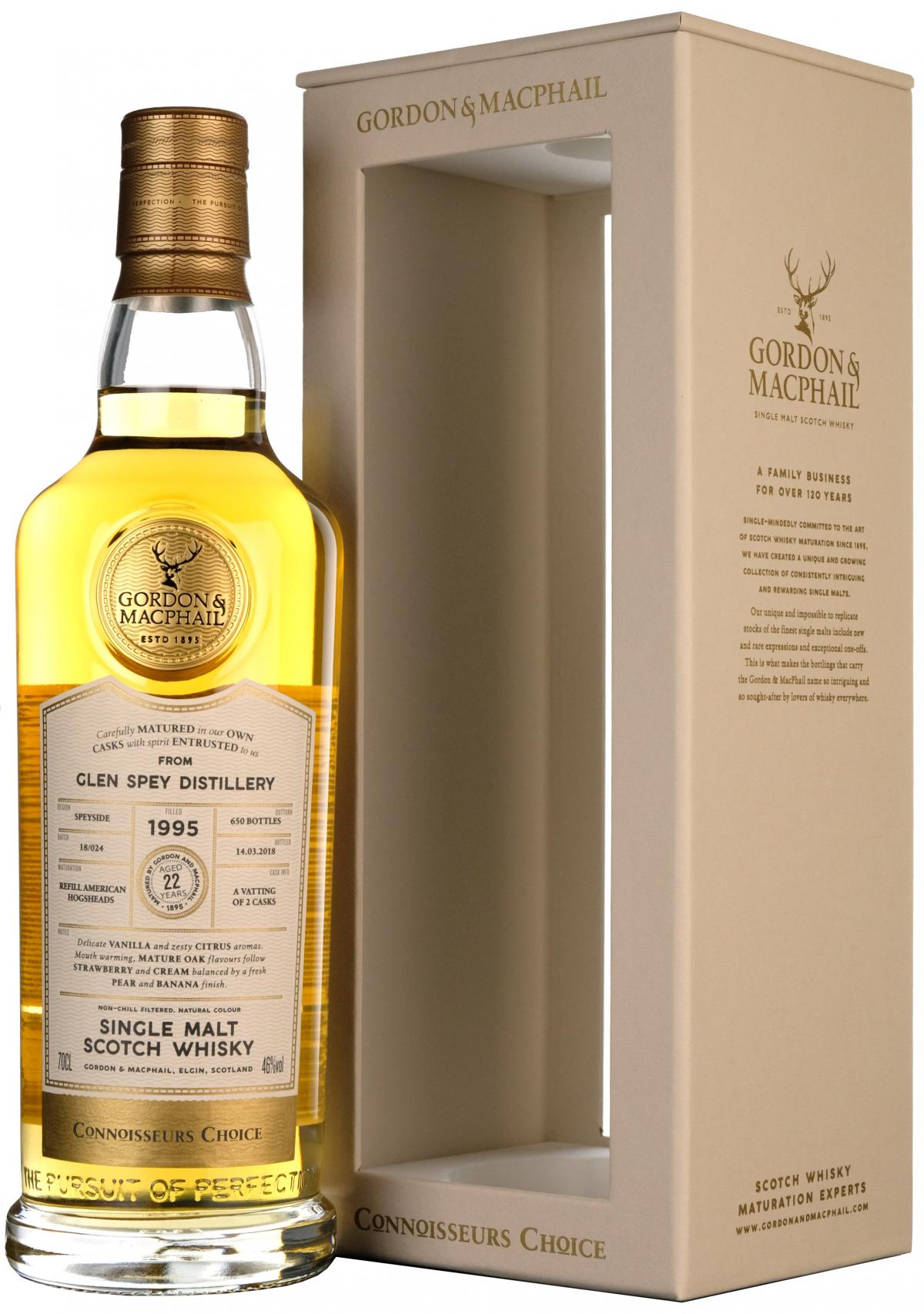 glen spey 1995, 22 year old, connoisseurs choice, gordon and macphail whisky,