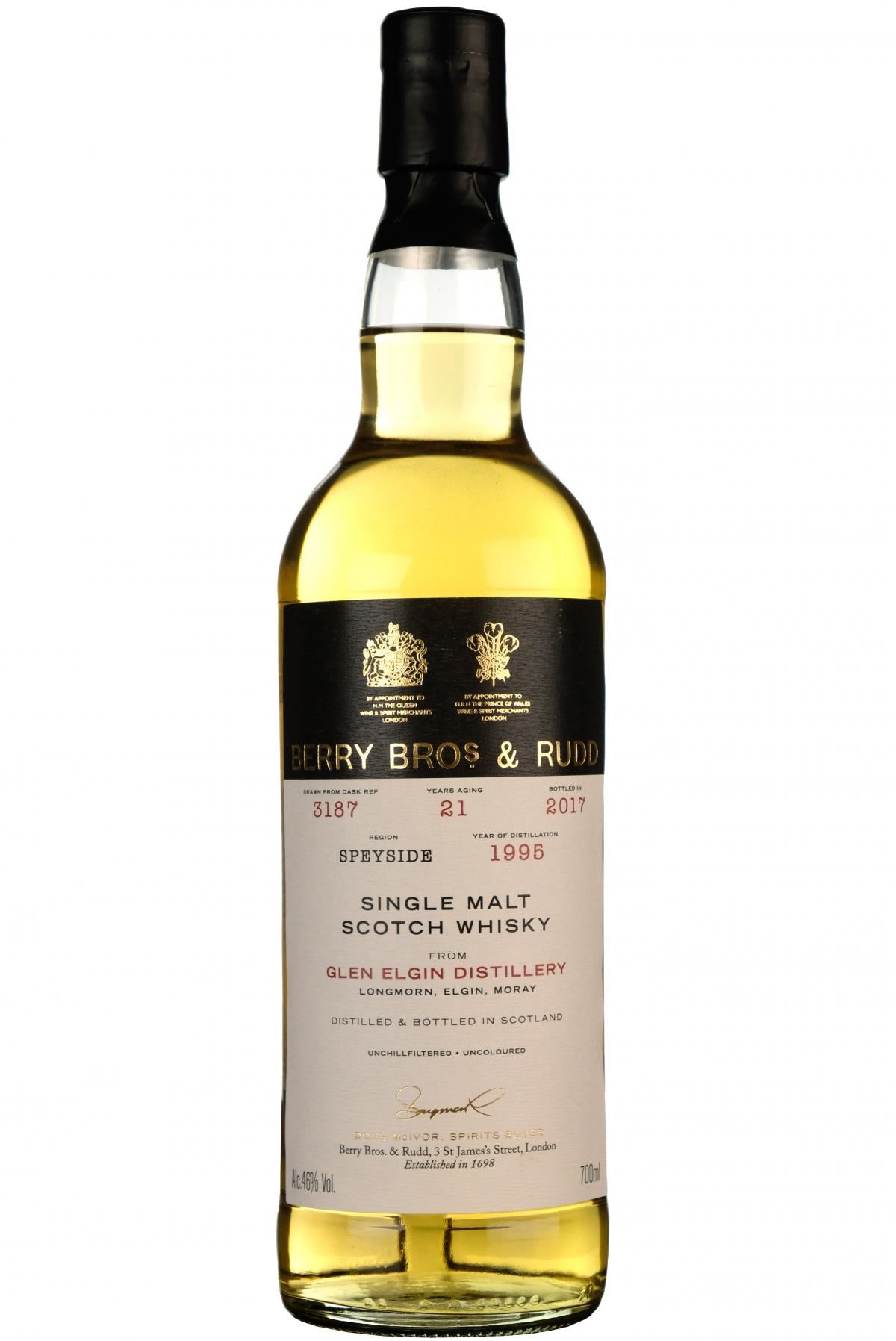 glen elgin, 1995, bottled 2017, 21 year old, single cask 3187, berry bros & rudd,