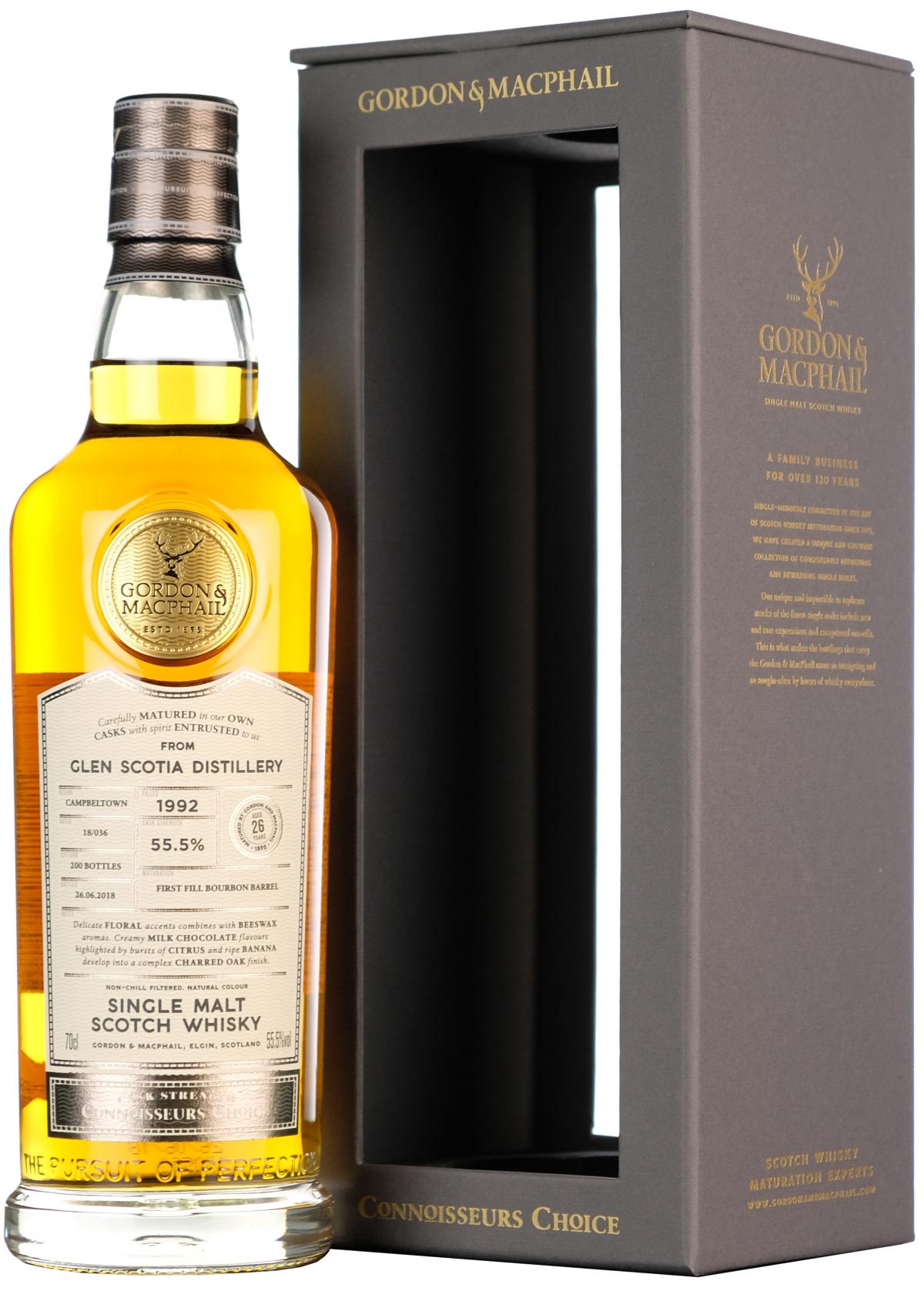 glen scotia 1992 26 year old connoisseurs choice, cask strength, gordon and macphail campbeltown single malt scotch whisky whiskey