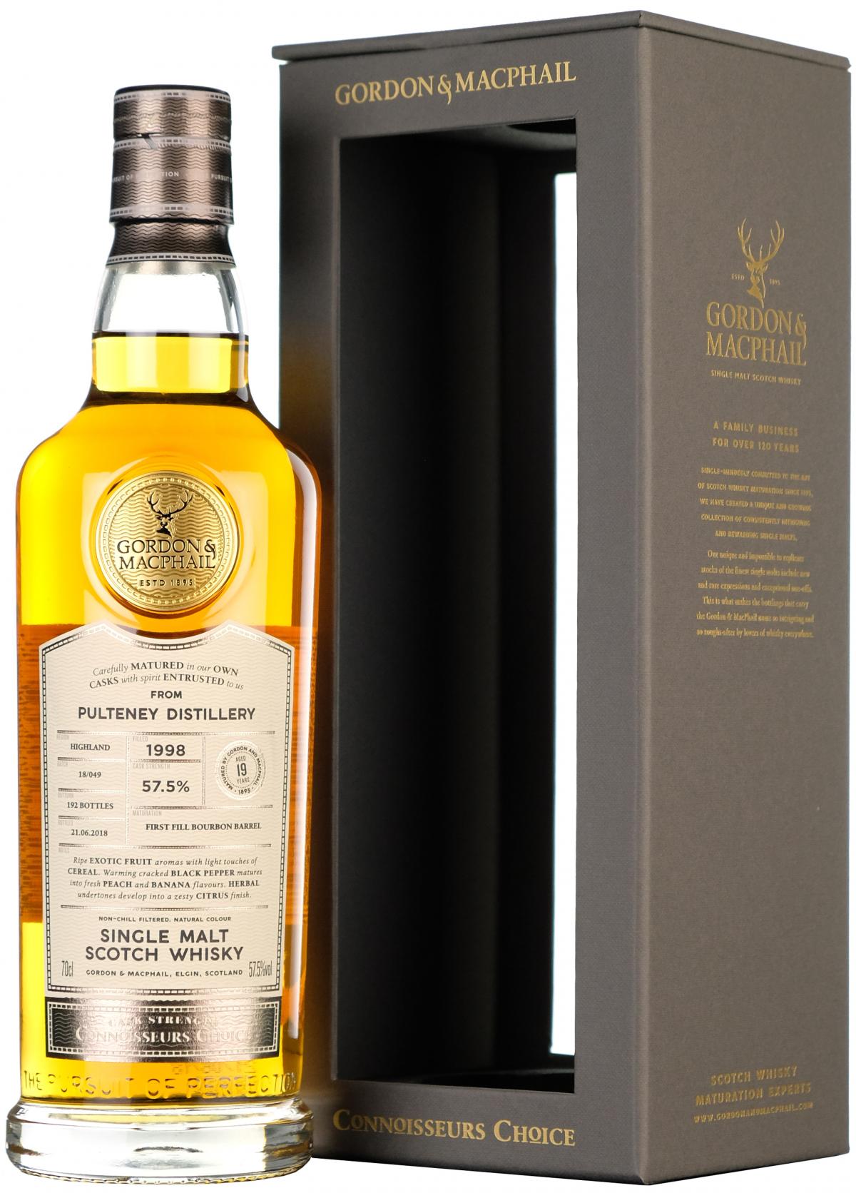 pultney 1998 19 year old connoisseurs choice, cask strength, gordon and macphail highland single malt scotch whisky whiskey