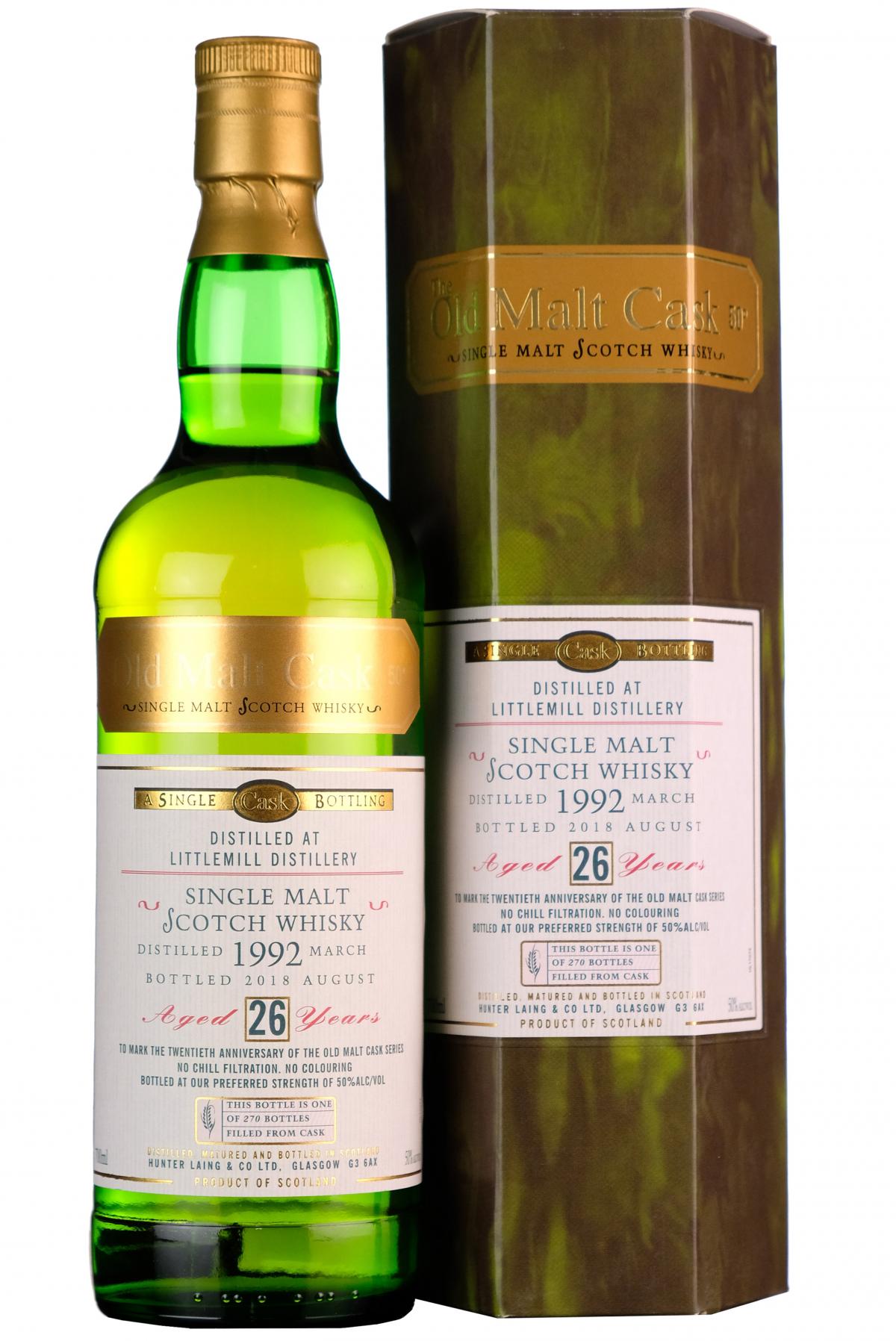 1992 littlemill 26 year old single cask old malt cask 20th anniversary hunter laing lowland single malt scotch whisky