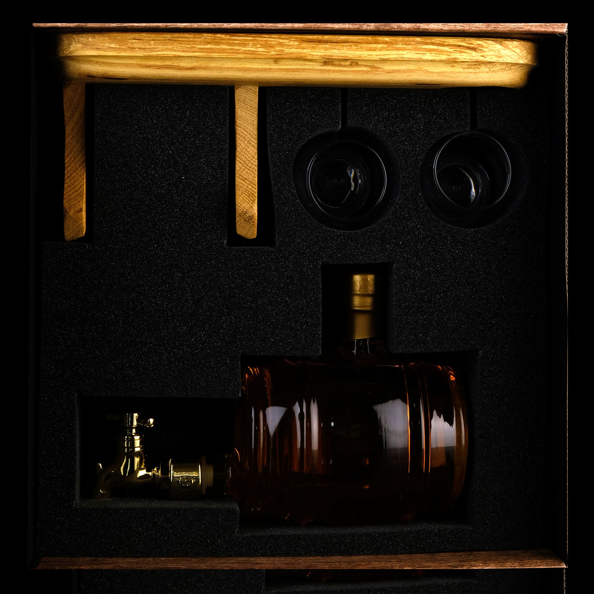 Whisky Barrel Decanter + Tap With Two Nosing Glasses